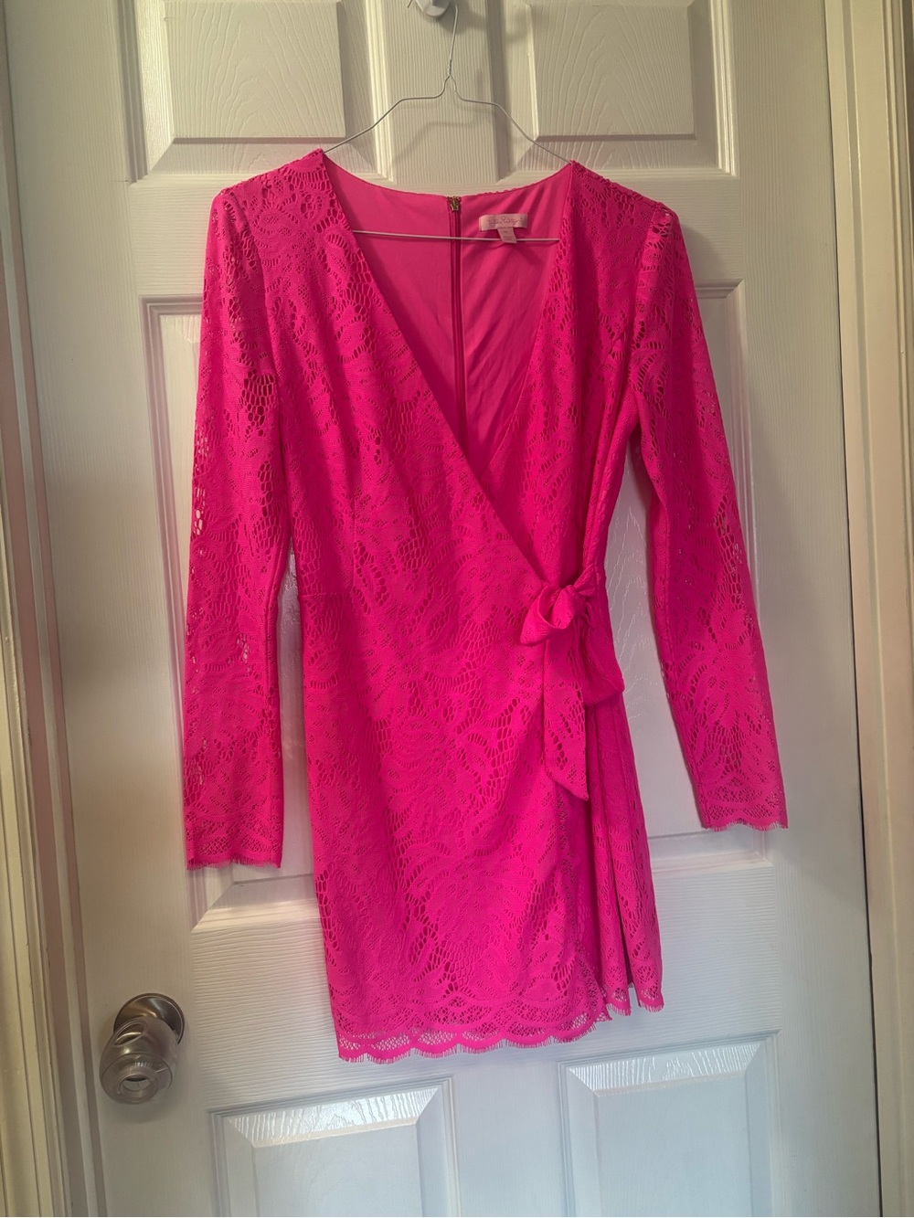 Lily Pulitzer Fuchsia Lace Wrap Romper with Long Sleeves